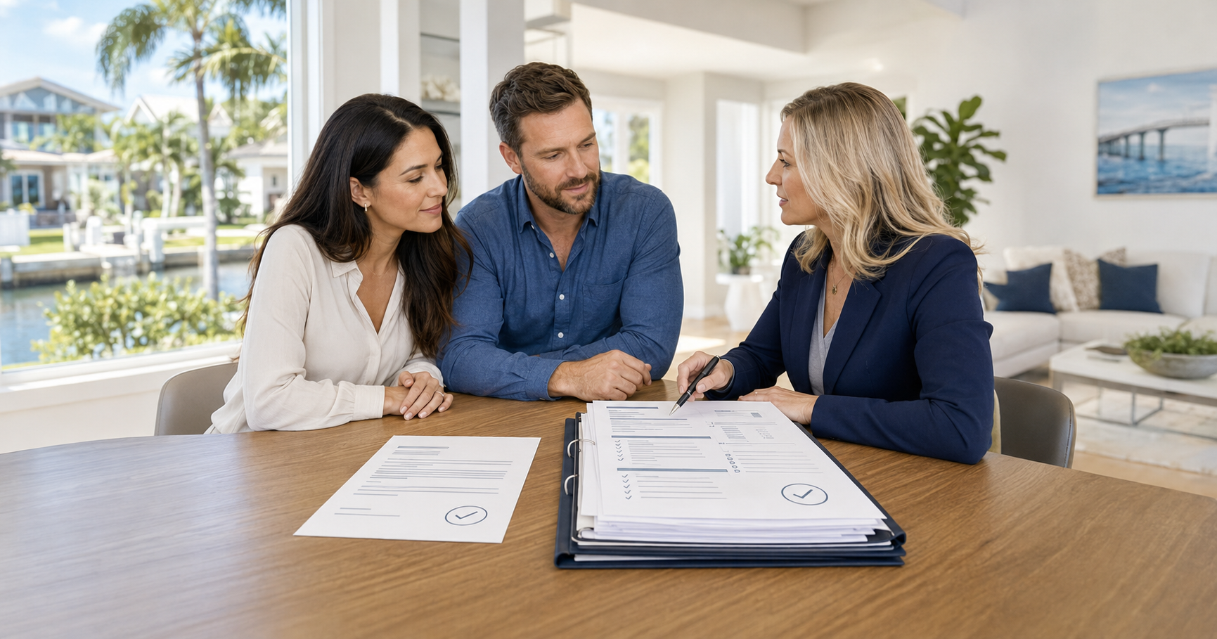 Tampa Bay homebuyers reviewing a fully documented mortgage preapproval with a real estate professional