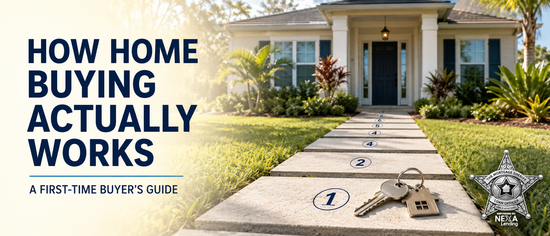 Wide banner showing a Florida home, front walkway, and house keys for a first-time homebuyer guide
